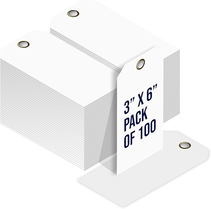 Tags 4 Less 15 Mil Waterproof Plastic Tags, Pack of 100 – 3” x 6” Heavy Duty Plastic Tags for Labeling, Outdoor Tagging, Equipment Labeling, Luggage, Valves & More (White)