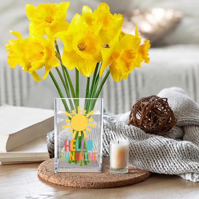 Vgrti Hello Sunshine Acrylic Cosmetic Pencil Pen Holder Cup, Inspirational Sunshine Desk Organizer Accessories for Home Office Decor, Motivational Appreciation Gifts for Coworker Teacher Secretary