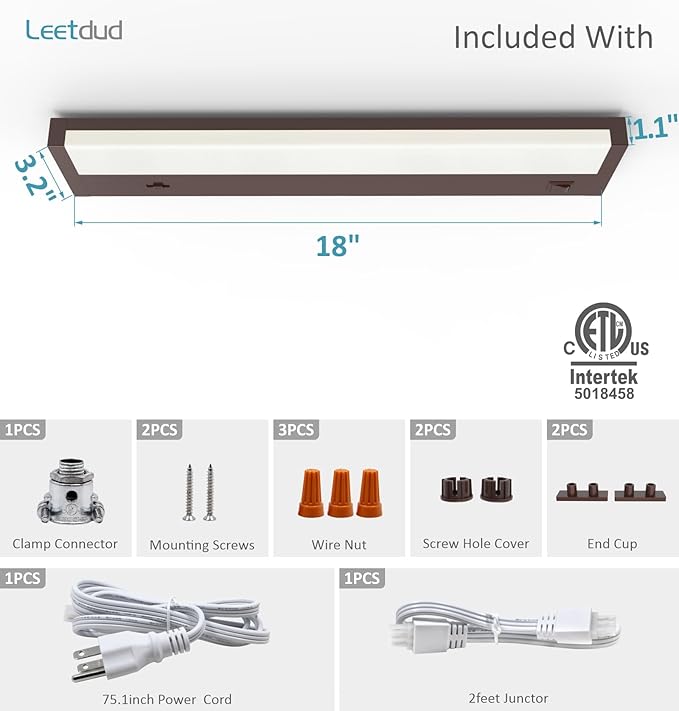 Leetdud LED Under Cabinet Lighting Hardwired or Plug in, 18 Inch 9W, Dimmable 5 Color 2700K/3000K/3500K/4000K/5000K, Linkable Eyes Care Design Counter Lights for Kitchen, Sink, ETL Listed, Bronze