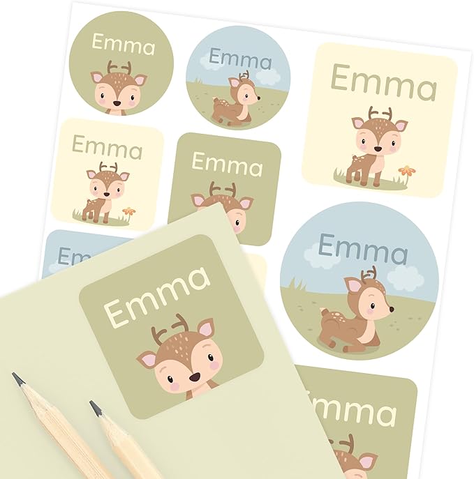 Large Name Labels for Kids (33) - Custom Stickers for Daycare and School Supplies - Durable, Waterproof Stickers for Water Bottles, Lunch Boxes, and More with Unique Designs - Deer