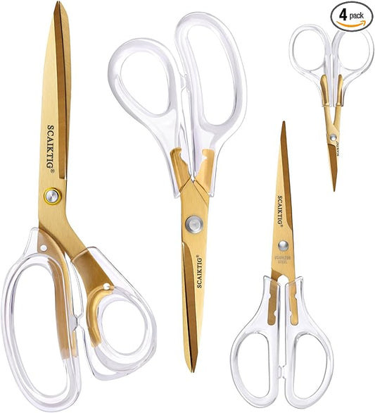 SCAIKTIG Acrylic Scissors Set, Office Scissors for Desk Gold, Clear Comfort-Grip Handles and Titanium Coated Blades, Sharp Scissors all Purpose Heavy Duty for Sewing, Art, Craft, School, Home Supplies