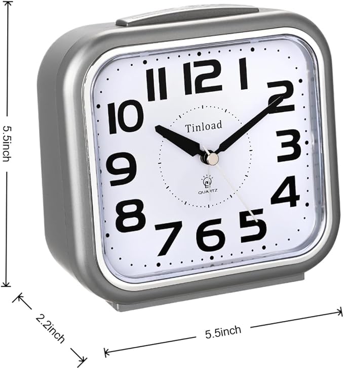 Tinload 5.5" Large Analog Alarm Clock Silent Non Ticking, Gentle Wake, Beep Sounds, Increasing Volume, Battery Operated Snooze and Manual Light, Easy Set