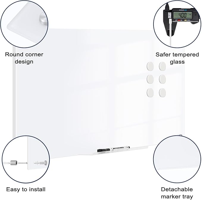 Magnetic Glass Whiteboard, 4' x 3' Glass Dry Erase Board for Wall, 48" x 36" Large Frameless White Board with 1 Marker Tray and 3 Magnets for Office, Home, Classroom - Ultra White