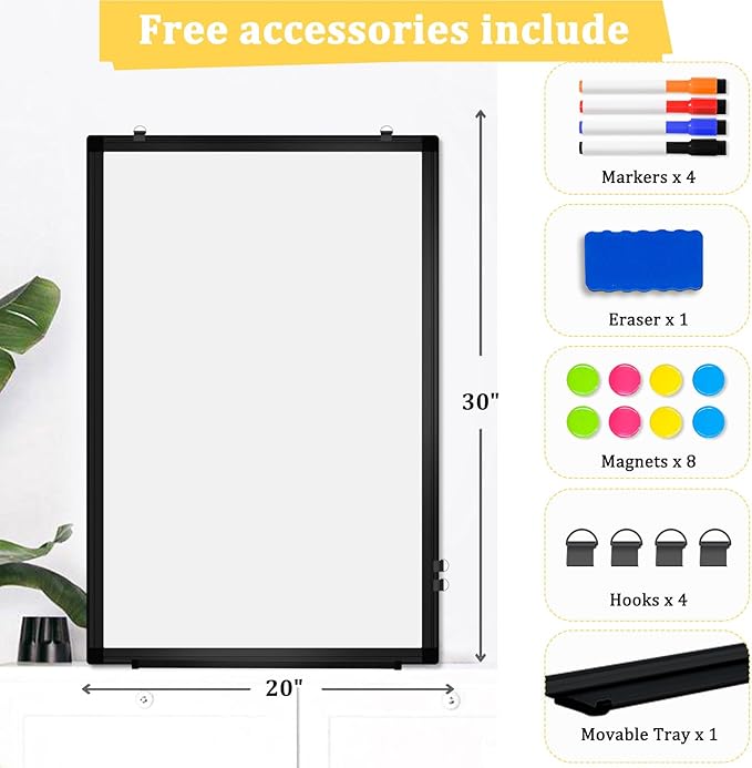 AMUSIGHT Double-Sided Magnetic Whiteboard, 30" x 20" Dry Erase Board Black Aluminum Frame for Wall, White Board Dry Erase Marker Board for Kitchen, Memo, School, Home, Office