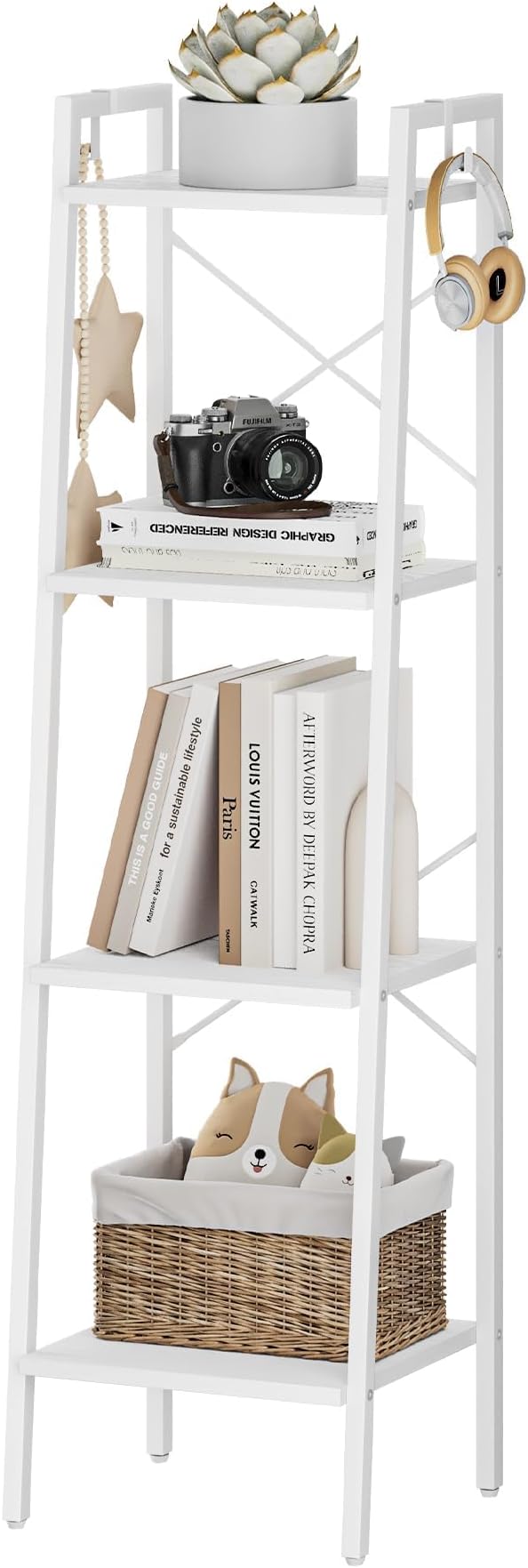 Hzuaneri Ladder Shelf, Bookshelf Bookcase, Freestanding Corner Storage Shelve with 2 Hooks for Home Office, Living Room, Kitchen, Bedroom, Industrial, 4-Tier White BC13213W