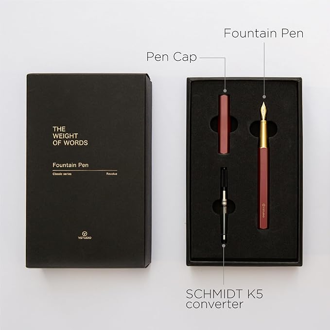 YSTUDIO Stunning Classic Revolve Fountain Pen, Schmidt Gilded Nib, Best Pen Gift Set for Men & Women, Professional, Executive Office, Nice Pens（red，M nib）