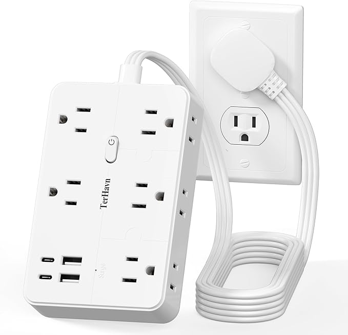 Surge Protector Power Strip 5 FT Flat Extension Cord ，10 AC Outlets & 4 USB Ports(5V/3.4A 17W), 1080J ，Wall Mountable Desktop Charging Station with Flat Plug for Office Supplies and Home, White