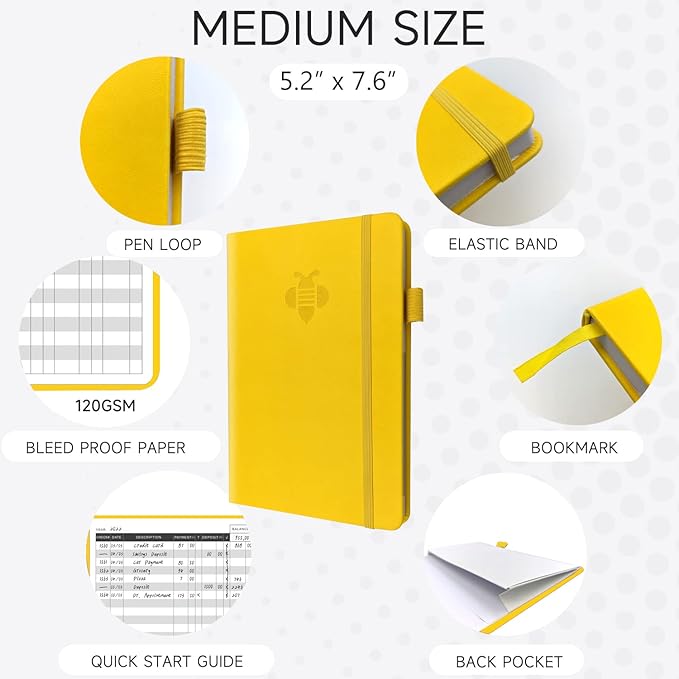 KUMEER Check Register – Elegant Check Registers for Personal Checkbook with Check & Transaction Registers, Hardcover Checkbook Log 5.2x7.6" (Yellow)