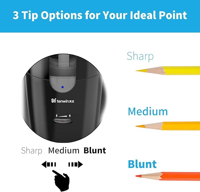 tenwin Chargeable Electric Pencil Sharpener, Heavy Duty Adjustable Art Sharpeners, Powered Auto-Stop Pencil Sharpener for Teacher Use, School, Home, Classroom Product Supplies 8028 (Black)