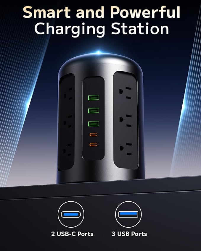 Yegosh Power Strip Tower Surge Protector with 12 AC Outlets & 5 USB Ports (2 USB C), 5 Feet Extension Cord with Multiple Outlets, Keyhole Slots, Charging Station Desk Supplies for Home Office Dorm
