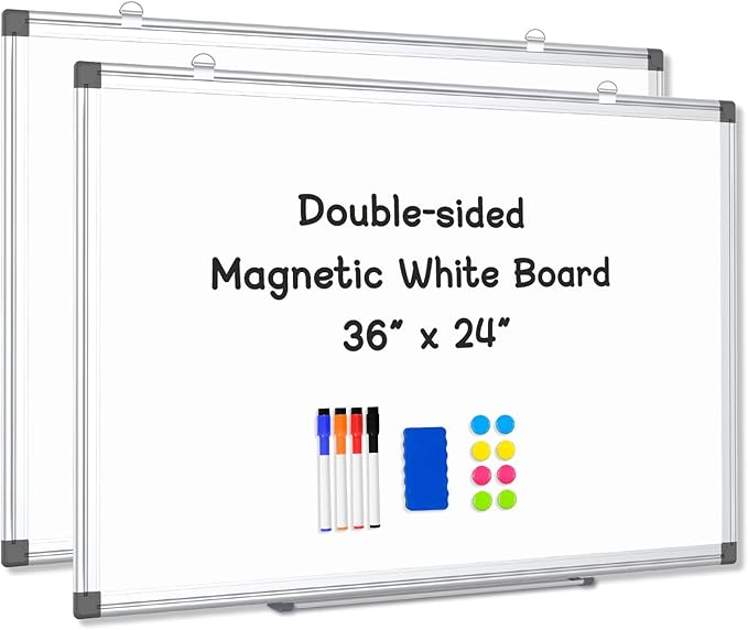 AMUSIGHT 2 Pack Double-Sided Magnetic Whiteboard, 36" x 24" Dry Erase Board, Aluminum Frame White Board for Wall, Hanging Mounting White Board Dry Erase Marker Board for Office, School, Home