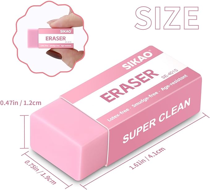 SIKAO Pink Erasers, 6 Pack Block Pencil Erasers – Smudge-Free Latex-Free Cute Erasers for Kids & Girls, School Supplies, Clean Erase for Homework, Journaling & Drawing