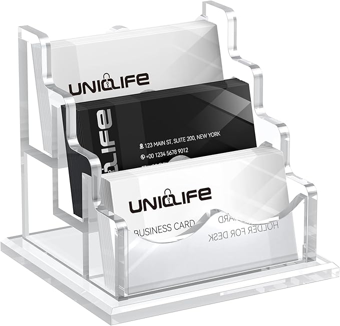 Uniclife Acrylic Business Card Holder for Desk 3 Slots Clear Horizontal Business Card Display Stand for Men & Women Desktop Name Card Organizer Card Stand for Office Home Exhibition, 180 Card Capacity