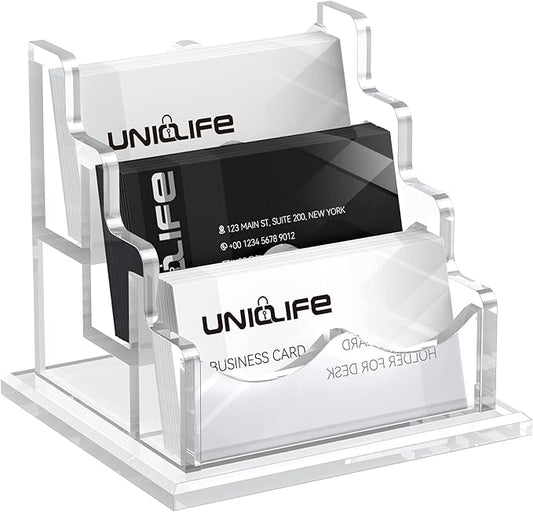 Uniclife Acrylic Business Card Holder for Desk 3 Slots Clear Horizontal Business Card Display Stand for Men & Women Desktop Name Card Organizer Card Stand for Office Home Exhibition, 180 Card Capacity