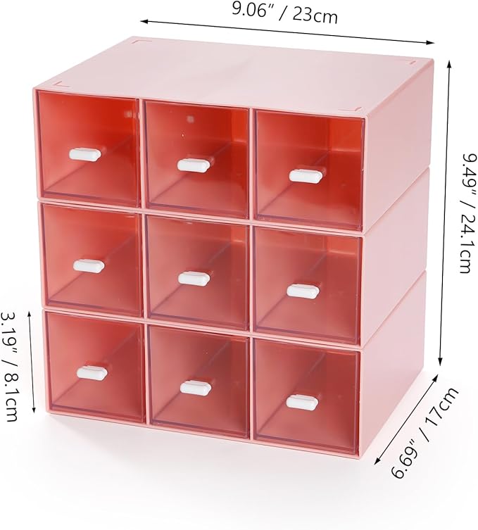 OSteed Desktop Drawers, Desk Organizer with 9 Drawers, Stackable Plastic Storage Box for Home Collection, Cosmetics, Jewelry, Office Supplies (3 Tiers, Pink)