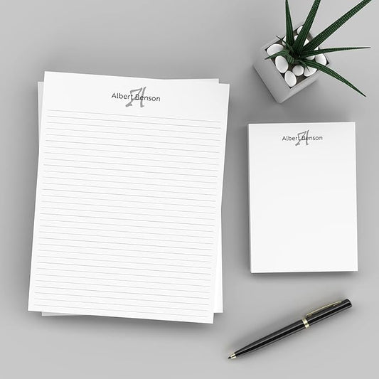 PrintPPS Personalized Monogram Notepads with your Name and Initial - 2 Pack Gift Set of 8.5 x 11 @ 50 Sheets Per Pad - Optional Ruled Lines - Custom Stationery For To Do Checklists, and Gifts