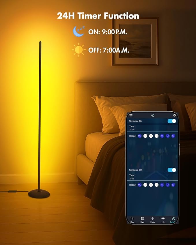 Vexinat Corner Floor Lamp, Smart RGB LED Corner Lamp with App & Remote, Modern Floor Lamp with 16 Million Colors, Music Sync, Scene Modes, Color Changing Standing Lamps for Living Room, Bedroom