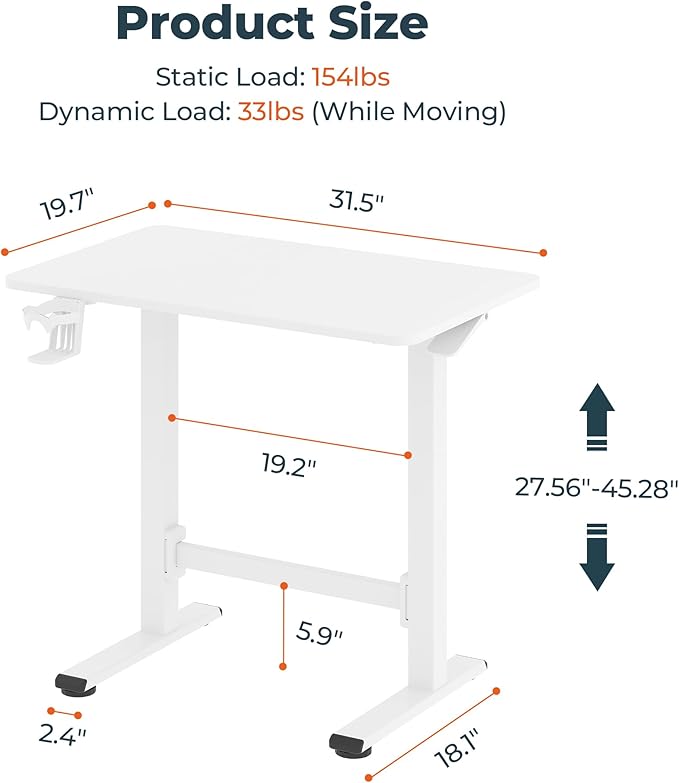 FitStand Small Small Pneumatic Adjustable Stand Up Desk, Rolling One-Piece Standing Desk 31.5 x 19.7 Inch, Home Office Desk Computer Workstation, White