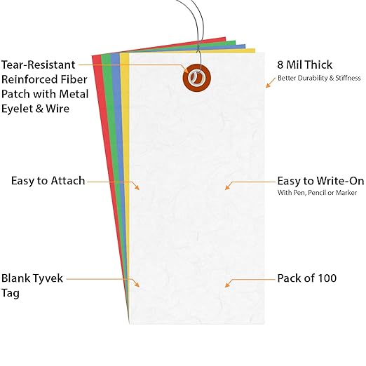 SmartSign (Pack of 100) 4.75 x 2.375 inch Multi Colored Blank Tyvek Shipping Tags with Wire, Size #5, 8 mil Thick Tyvek