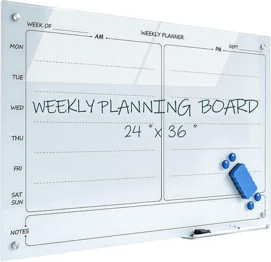 Magnetic Planner Writeboard 24"X36" Weekly Glass Calendar White Glassboard Premium Tempered Dry Erase Boards Frameless Wall Mounted (White)
