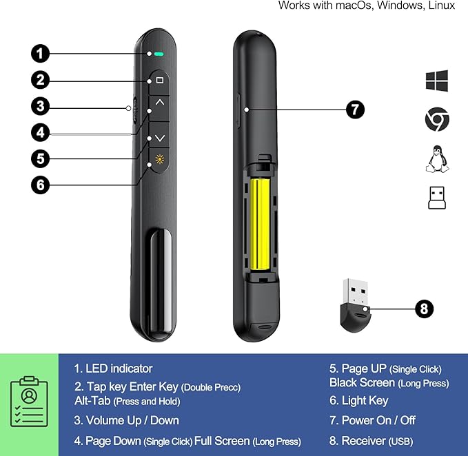 QUI Presentation Clicker for PowerPoint, RF 2.4GHz USB Wireless Presenter Remote with Volume Control, PowerPoint Clicker Slide Advancer for Mac, Windows, Laptop, Keynote