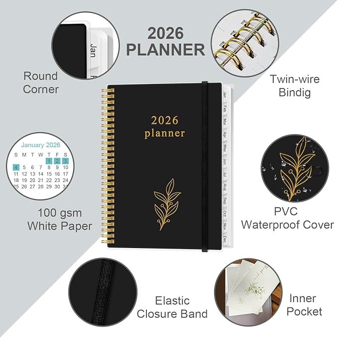 2026 Planner - Planner 2026 from January 2026 to December 2026 with 12 Monthly Tabs, Flexible Cover, Inner Pocket, 8.5" x 11", Leaf Black