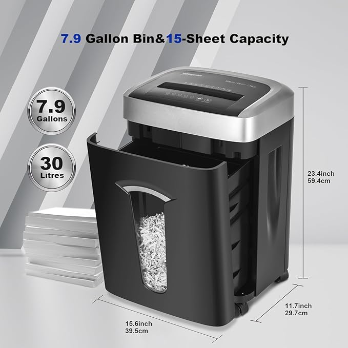 Wingwise 120-Minute Paper Shredder - 15-Sheet Capacity, 30L（7.9 Gallon） Bin, 58dB Quiet Operation, P4 Cross-Cut Heavy-Duty Shredder for Home & Office Use
