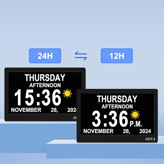 SSYA Dementia Clock for Seniors, Digital Clock with Date and Day of Week, Auto DST, Non-Abbreviated Large Calendar Alarm Clocks (Black)