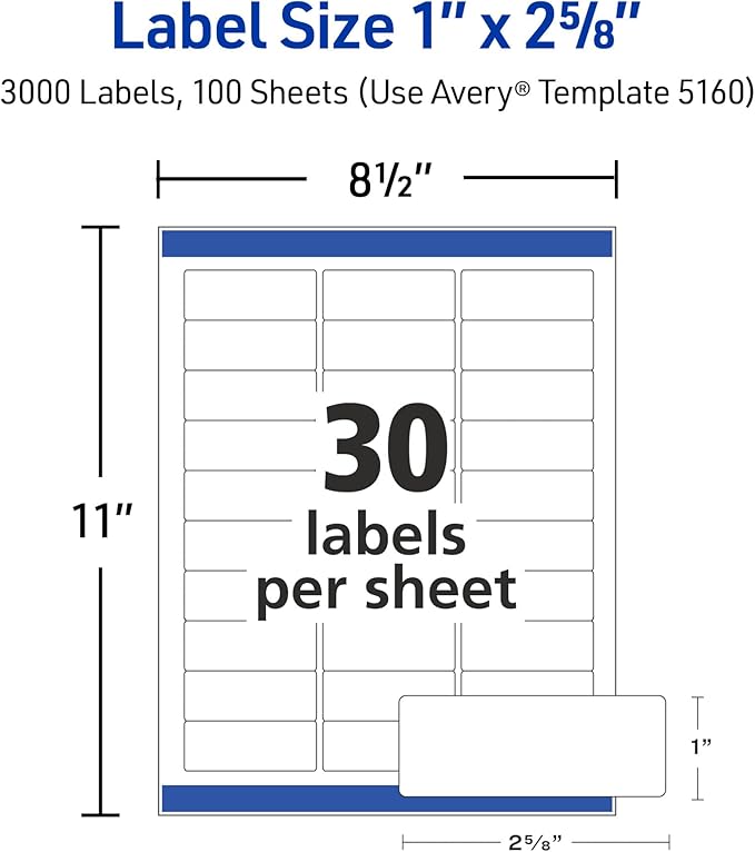 Avery Easy Peel Printable Address Labels with Sure Feed, 1" x 2-5/8" Customizable Stickers, White, 15,000 Blank Mailing Labels, Great for Mailing, Shipping, and More (5-Pack of 5160)