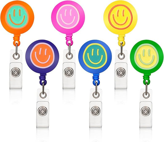6Pcs Cute Badge Reel Set – Happy Face Retractable Badge Holder with Clip, ID Badge Reel for Nurses, Teachers, Hospital, Office & School (Colorful)