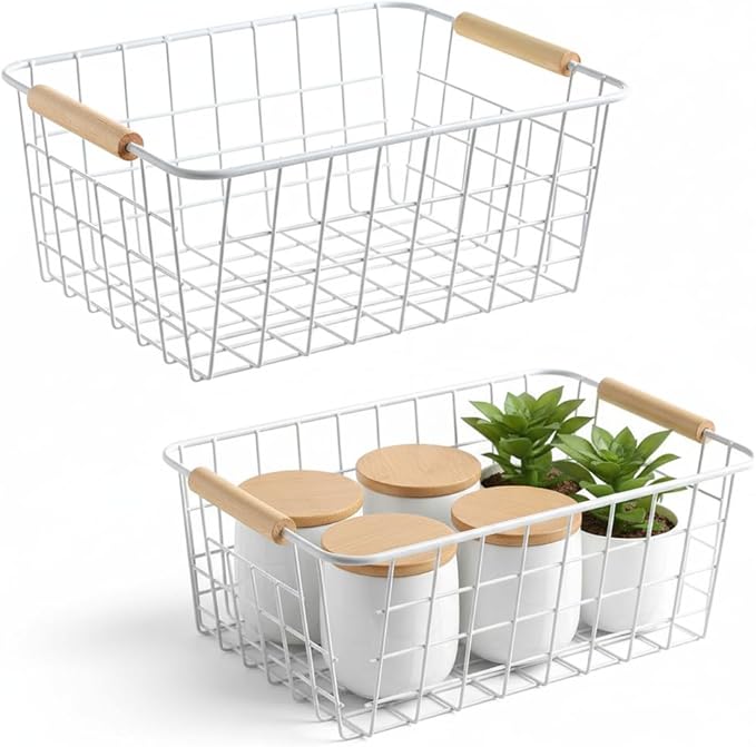 HDYOUDO Metal White Wire Basket,Food Storage Organizer with Wooden Handles, pantry organizers and storage for Organizing Kitchen Cabinets potato onion, 2 Packs