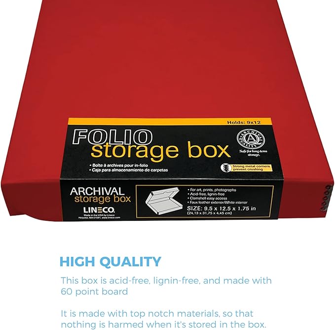 Lineco Folio Storage Box, Faux Leather Cover, Clamshell Design, 9.5x12.5x1.75 Inches, Archival Boxboard, Preserve Photos, Cards, Magazines, Documents, Art, Ephemera, Family Records, Red, Pack of 1
