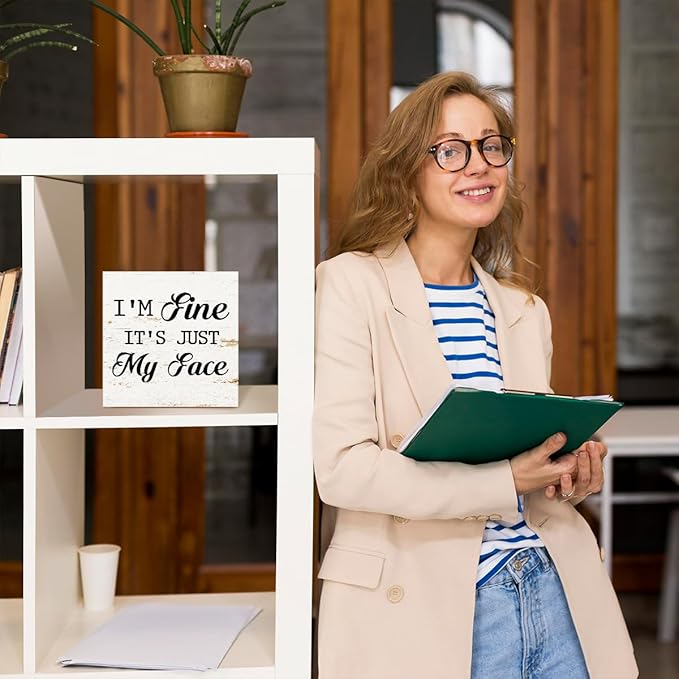 Funny Face Sign,I'm Fine It's Just My Face,5x5x1 Inch Wooden Block,Humorous Sarcastic Office Decor for Adults Millennials