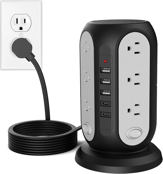 Tower Power Strip with 12 Outlets and 5 USB Ports (2 USB-C), Flat Extension Cord 10 Ft, Surge Protection 1250W Multiple Outlets Charging Station for Home Office Dorm Room