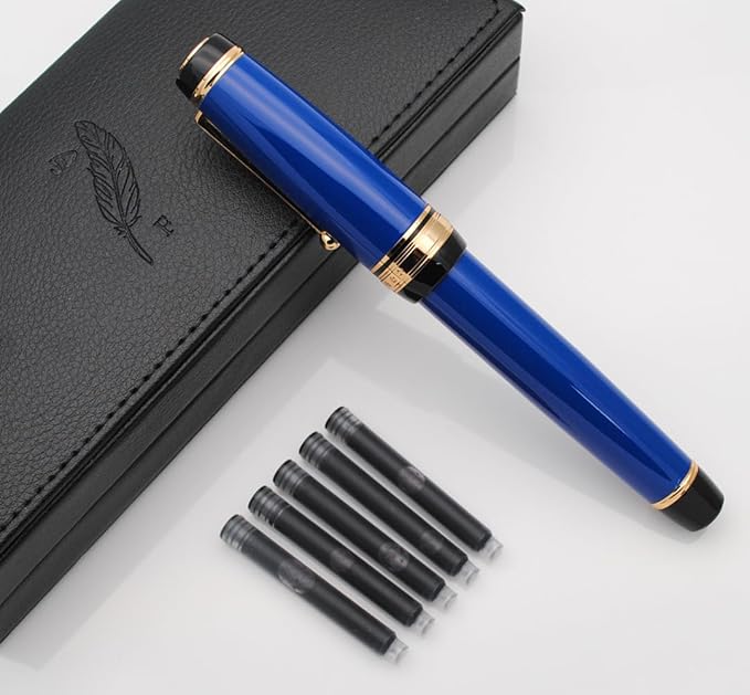 xixixiaozhu Metal Big Fountain Pen Set Medium Nib 0.7mm, Includes Ink Refill Converter, 5 Ink Cartridges & Gift Box (Medium Nib 0.7mm, Blue)