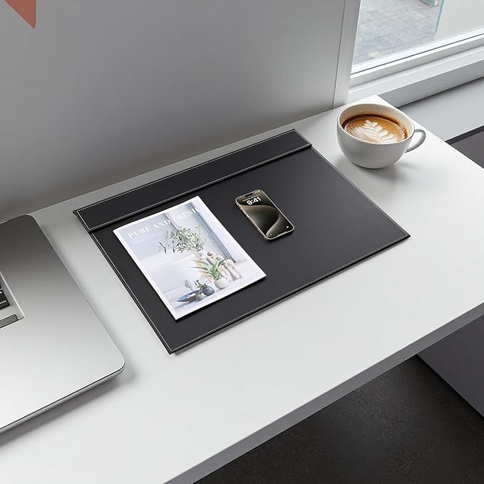 KINGFOM Ultra-Smooth PU Leather Desk Pad & Mat Office Desk Drawing & Writing Board A3/ A4 File Paper Clip Table Protector Mat on Top Large 24''x18'' (Black)