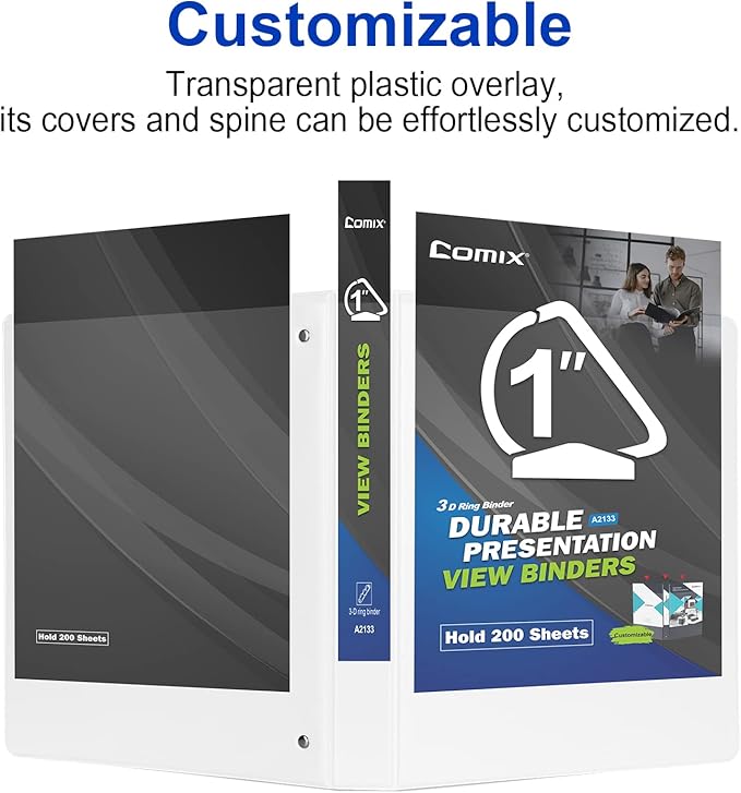 Comix Sturdy 3-Ring-Binder 1-inch D Ring Binders, 2.4mm-Thick, Hold 225 Sheets of 8.5" x 11" Paper, 8 Pack (White)