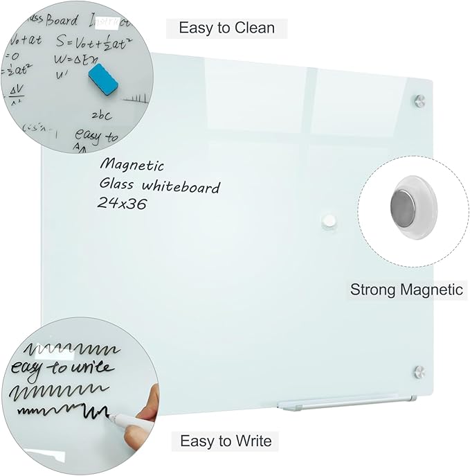 Gooderboard Glass Magnetic White Board - 36 x24 Inches Frameless Dry Erase Glass Whiteboard for Wall, Writing Board for Office, Classroom, Home and Presentation