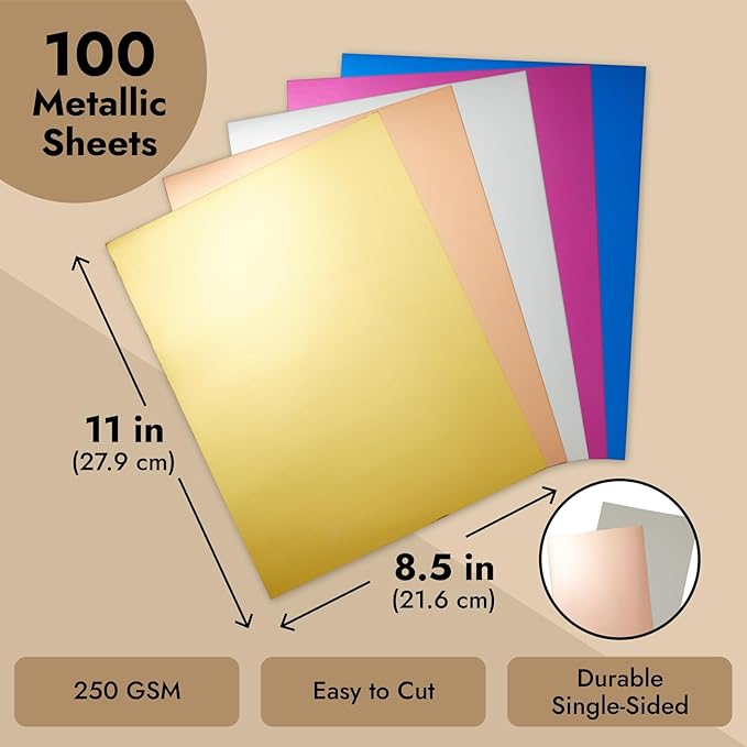 Bright Creations Metallic Cardstock Sheets - Foil Card Stock, Craft Paper for DIY Projects - Assorted Metallic Cardstock for Scrapbook Supplies - Multicolor, 250 GSM, 8.5x11 In, 100 Count