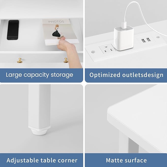 Edbuosy 3 Wooden Drawers Nightstand, 27 Inch Wide Night Stand Set 2 with Charging Station and Adjustable Drawers, Small Dresser for Closet, Bedside Table for Living Room/Bedroom/Office, White.