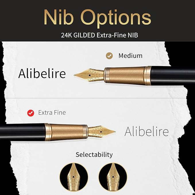 HDDNB Black Luxury Fountain Pen Set for Men and Women with Gift Box, 24K Gold Finish and Gilded Nib(Extra Fine) with 5 Black Ink Cartridges and Converter