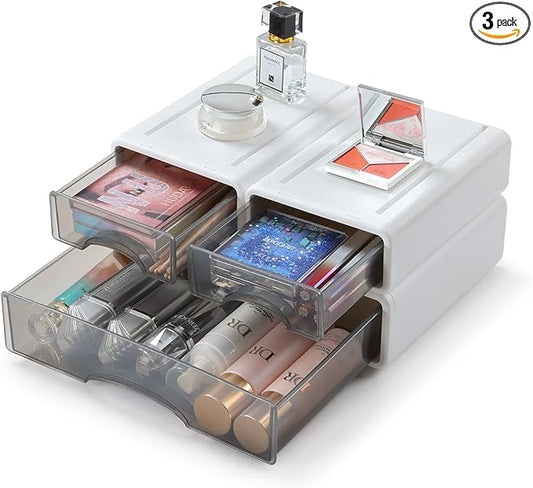 OSteed White Desktop Drawers for Paper, Stackable Office Storage Drawers for Desk, Craft Organizer and Storage Bins, 3 Mixed Storage Container with Plastic Drawers for Office Supplies