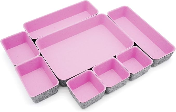 Welaxy desk drawer organizers tray felt storage bin caddy for home office suppliers makeup crafts pens decluttering 8-piece holiday gift solution (Light pink)