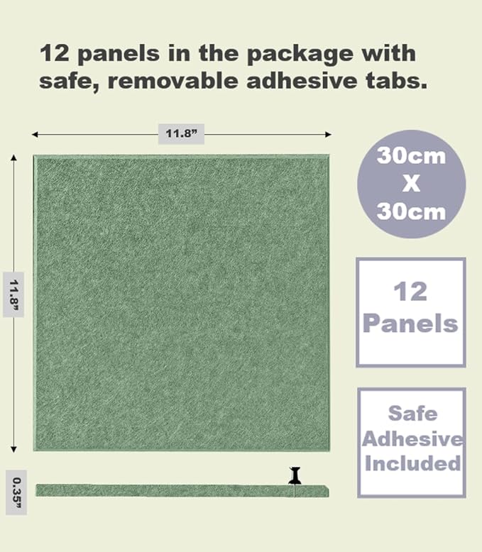 DECORITA Green Bulletin Board | Large Cork Boards Alternative for Walls | Felt Cork Board for Office, Home & Classroom | Green Office Classroom Supplies | Felt Wall Tiles (12-Pack) | Forest Green