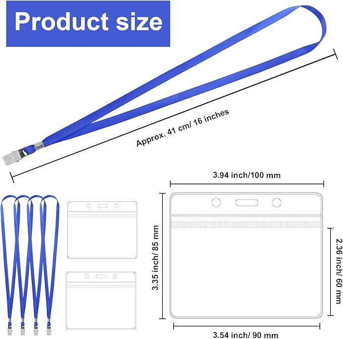 100 Pcs Lanyards for ID Badges and 100 Pcs Clear Name Tag Holders Reusable Lanyard with Clip Plastic ID Card Badge Holder Name Badges for Adults Kids Business School Office Supplies (Blue)
