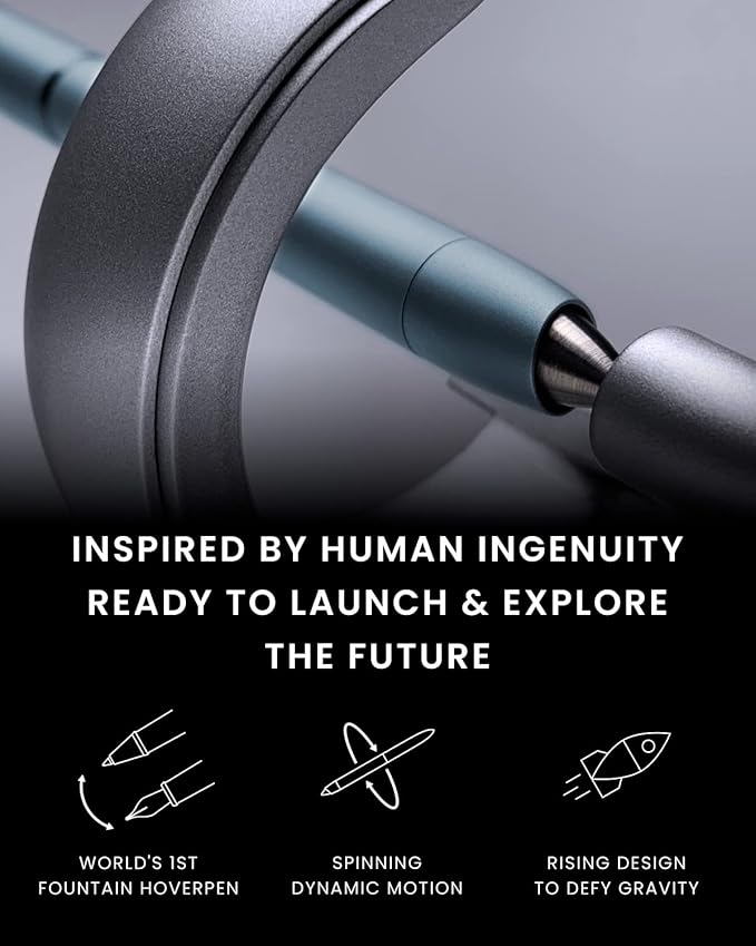 novium Hoverpen Future - Luxury Fountain Pen, Schmidt Nib (Fine), Converter, Extra Refill, Futuristic Aesthetic, Aerospace Metal, Best Pen Gift Set for Men & Women (Mist Blue)