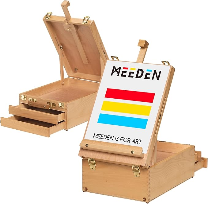 MEEDEN Large Tabletop Easel Sketchbox, Adjustable Solid Beech Wood Desktop Easel Box, Travel Easel for Artists, Table Top easels for Painting, Wooden Art Storage Box for Artist, Adults & Beginners