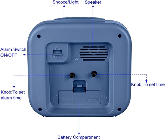 Tinload 5.5" Large Analog Alarm Clock • Silent Non Ticking • Gentle Wake • Beep Sounds • Increasing Volume • Battery Operated Snooze and Manual Light • Retro Blue