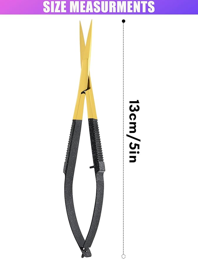 Cross Edge Spring Scissors 5 Inch straight Stainless-Steel Precision Eyebrow & Eyelash Shaping Trimming Scissor, Best for Squeeze Scissors, Embroidery & Knitting Micro Tip Craft (Gold Glitter Black)