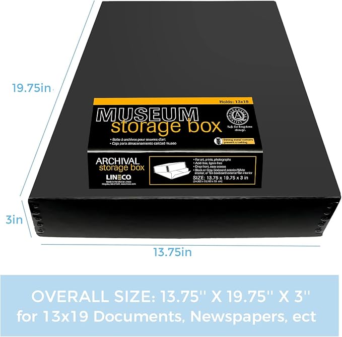 Lineco 13x19 Black Museum Storage Box, Removable Lid and Drop Front Design, 13.5 x 19.5 x 3 in Archival with Metal Edge, For Picture Longevity, Photos, Document, Crafts, Paper Art Print